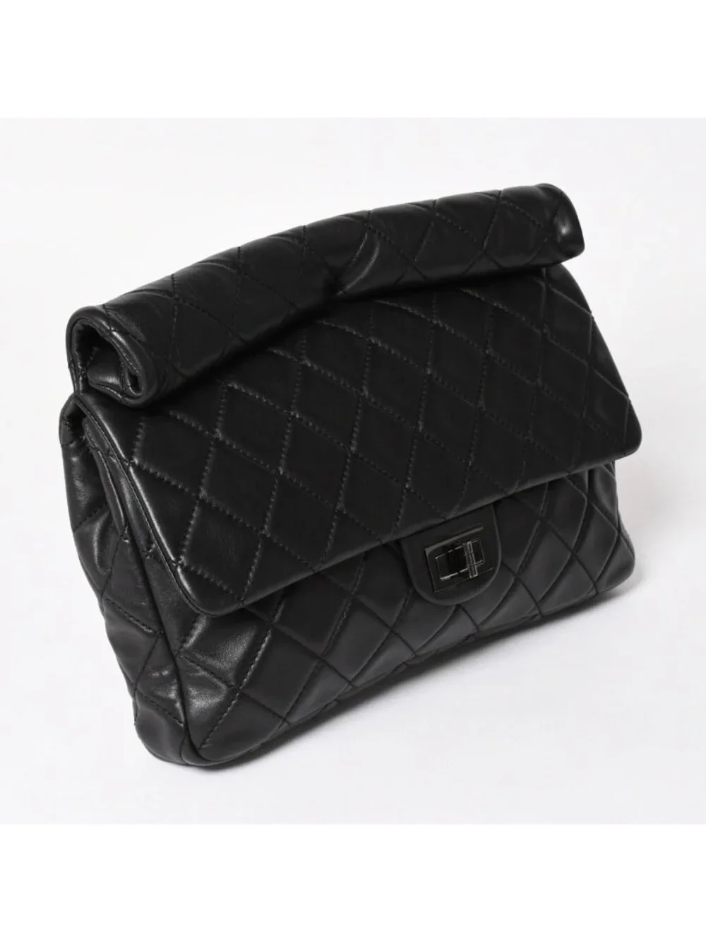Chanel 2.55 Roll Clutch CC Logo Lambskin Black Ruthenium